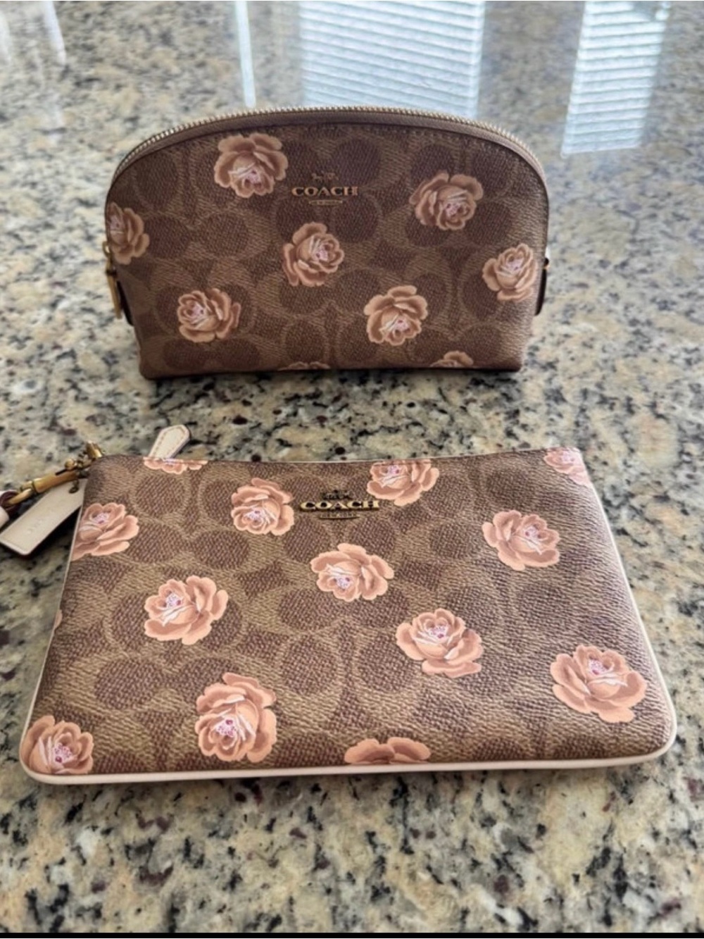 Coach Brown Signature Floral Cosmetic Pouch and miniWristlet Set with Pink Roses